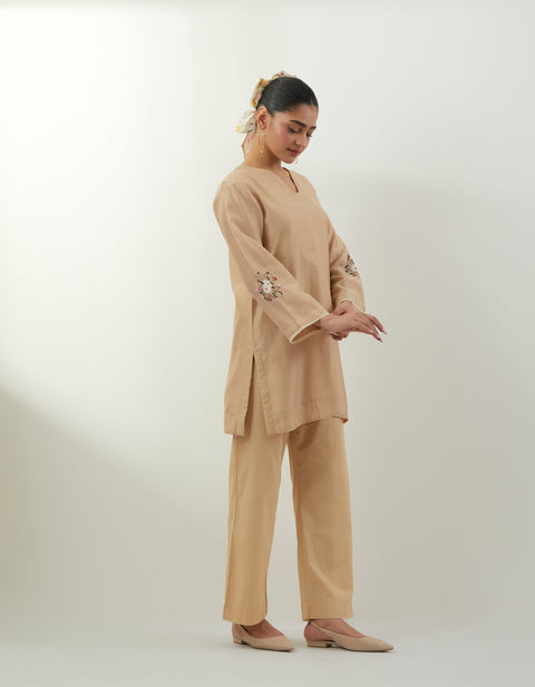 Beige Embroidered Chanderi Kurta, with Cotton Pants (Set of 2)