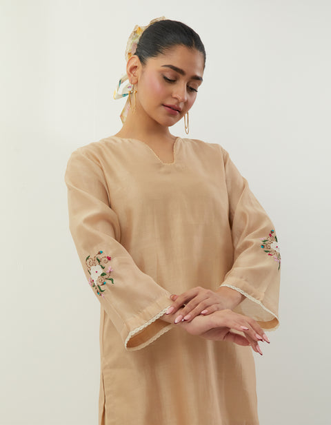 Beige Embroidered Chanderi Kurta, with Cotton Pants (Set of 2)