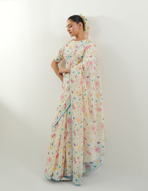 Floral Print Chanderi Handloom Saree with Scallop Details
