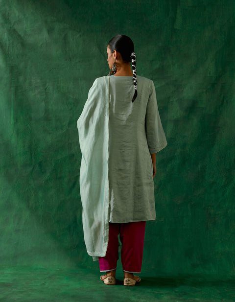Designer Panelled A-Line Zari Silk Kurta in Mint with Embroidered Salwar in Pink Cotton Glaze & Chanderi Handloom Dupatta (Set of 3) - By Vinusto
