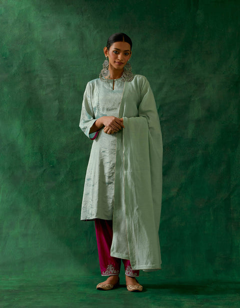 Shop Panelled A-Line Zari Silk Kurta in Mint with Embroidered Salwar in Pink Cotton Glaze & Chanderi Handloom Dupatta (Set of 3) - By Vinusto
