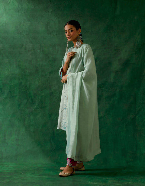 Buy Panelled A-Line Zari Silk Kurta in Mint with Embroidered Salwar in Pink Cotton Glaze & Chanderi Handloom Dupatta (Set of 3) - By Vinusto
