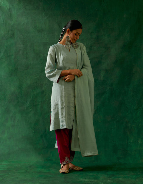 Order Panelled A-Line Zari Silk Kurta in Mint with Embroidered Salwar in Pink Cotton Glaze & Chanderi Handloom Dupatta (Set of 3) - By Vinusto
