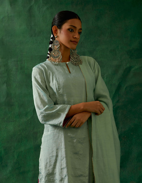 Luxury Panelled A-Line Zari Silk Kurta in Mint with Embroidered Salwar in Pink Cotton Glaze & Chanderi Handloom Dupatta (Set of 3) - By Vinusto
