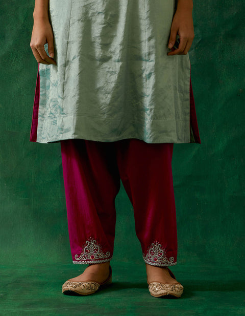 Charming Panelled A-Line Zari Silk Kurta in Mint with Embroidered Salwar in Pink Cotton Glaze & Chanderi Handloom Dupatta (Set of 3) - By Vinusto
