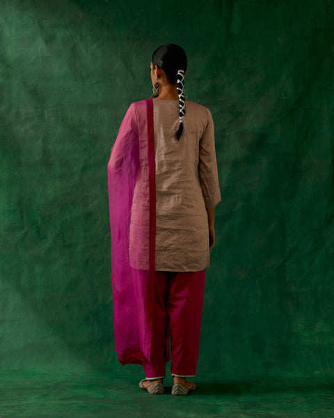 Zari Silk Short Kurta with Embroidered Salwar in Pink (Set of 2)