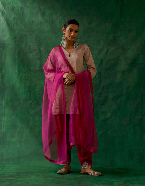 Shop Zari Silk Short Kurta with Embroidered Salwar & and Katan Dupatta in Pink (Set of 3) - By Vinusto 
