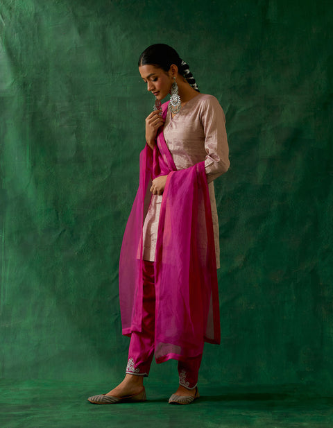 Buy Zari Silk Short Kurta with Embroidered Salwar & and Katan Dupatta in Pink (Set of 3) - By Vinusto 
