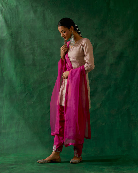 Zari Silk Short Kurta with Embroidered Salwar in Pink (Set of 2)