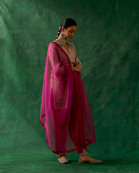 Zari Silk Short Kurta with Embroidered Salwar in Pink (Set of 2)