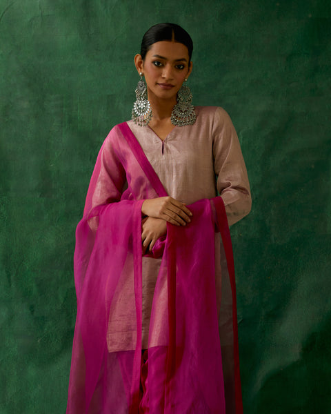 Zari Silk Short Kurta with Embroidered Salwar in Pink (Set of 2)