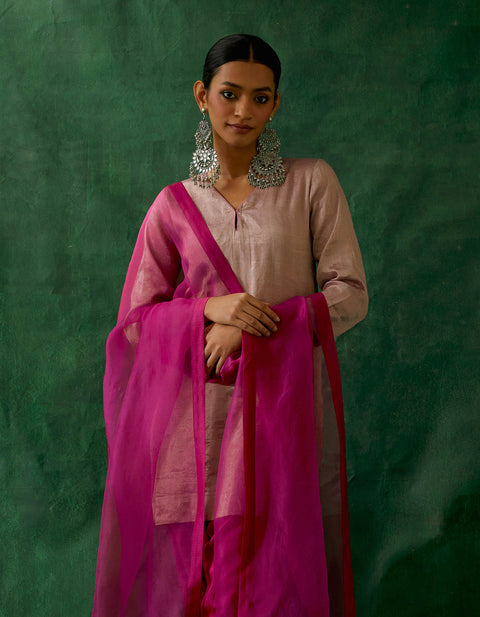 Designer Zari Silk Short Kurta with Embroidered Salwar & and Katan Dupatta in Pink (Set of 3) - By Vinusto 
