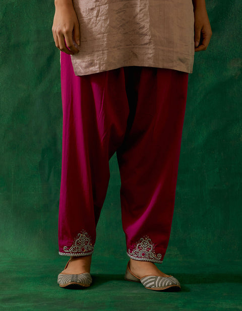 Handcrafted Zari Silk Short Kurta with Embroidered Salwar & and Katan Dupatta in Pink (Set of 3) - By Vinusto 

