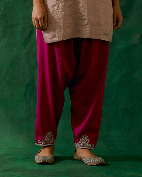 Zari Silk Short Kurta with Embroidered Salwar in Pink (Set of 2)