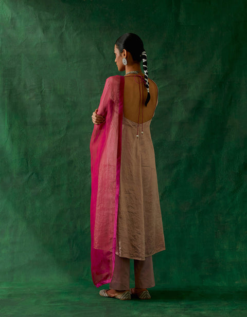 Premium Embroidered Zari Silk Anarkali, Cotton Glaze Pants, and Katan silk Dupatta in Pink (Set of 3) - By Vinusto 
