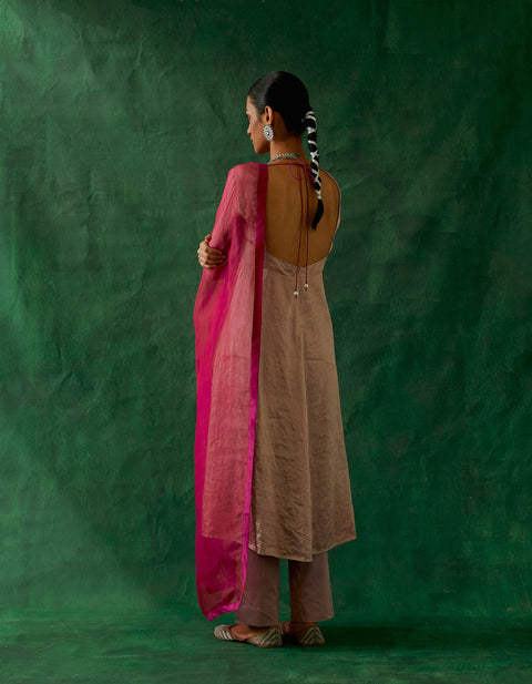 Embroidered Zari Silk Anarkali, Cotton Glaze Pants, and Katan silk Dupatta in Pink (Set of 3)