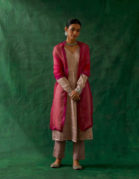 Shop Embroidered Zari Silk Anarkali, Cotton Glaze Pants, and Katan silk Dupatta in Pink (Set of 3) - By Vinusto
