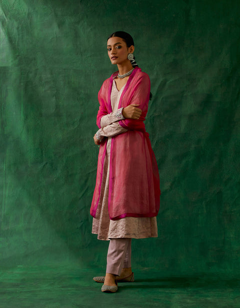 Buy Embroidered Zari Silk Anarkali, Cotton Glaze Pants, and Katan silk Dupatta in Pink (Set of 3) - By Vinusto 
