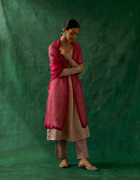Order Embroidered Zari Silk Anarkali, Cotton Glaze Pants, and Katan silk Dupatta in Pink (Set of 3) - By Vinusto 
