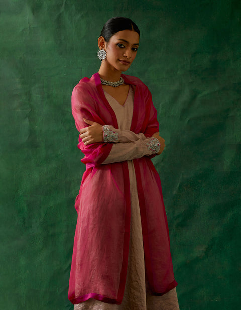 Handcrafted Embroidered Zari Silk Anarkali, Cotton Glaze Pants, and Katan silk Dupatta in Pink (Set of 3) - By Vinusto 
