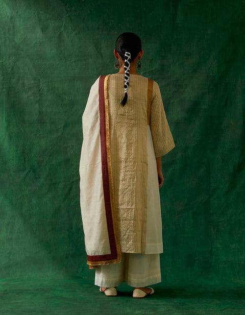 Handcrafted Color Block Gold Zari Kurta with Woven Chanderi Dupatta & Palazzo (Set of 3) -  By Vinusto
