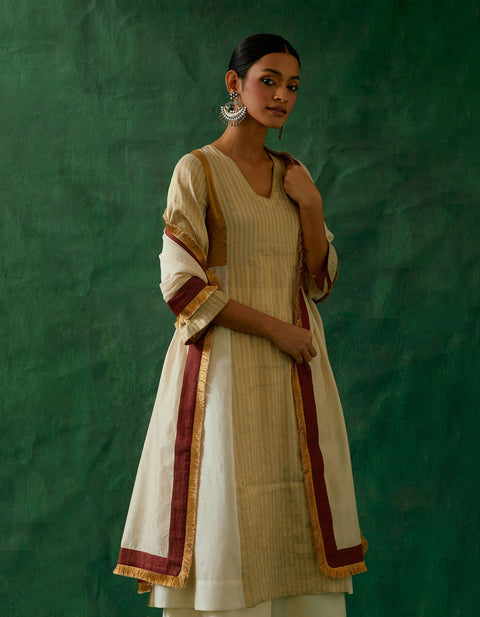 Designer Color Block Gold Zari Kurta with Woven Chanderi Dupatta & Palazzo (Set of 3) -  By Vinusto
