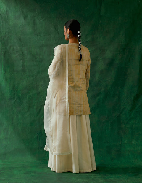 Premium Zari Silk Short Kurta with Scalloping details, Chanderi Handloom Sharara, Katan Dupatta (Set of 3) - By Vinusto 
