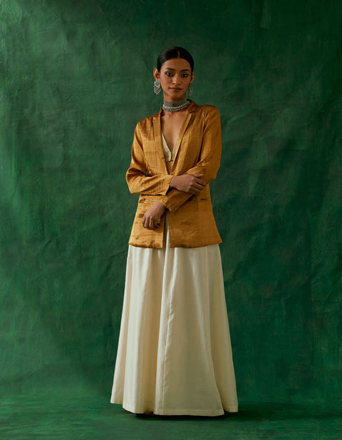 Shop Gold Zari Silk Jacket & Crop Top with Chanderi Handloom Flared Palazzo (Set of 3) | Vinusto