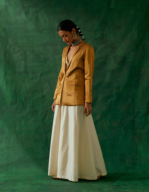 Buy Gold Zari Silk Jacket & Crop Top with Chanderi Handloom Flared Palazzo (Set of 3) | Vinusto