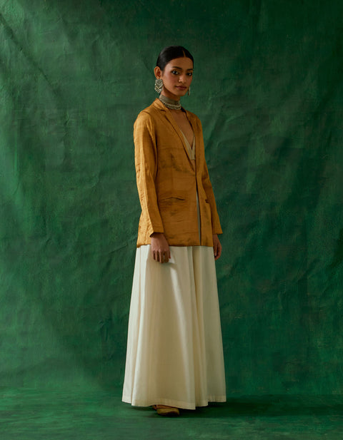Order Gold Zari Silk Jacket & Crop Top with Chanderi Handloom Flared Palazzo (Set of 3) | Vinusto