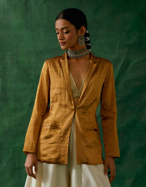 Premium Gold Zari Silk Jacket & Crop Top with Chanderi Handloom Flared Palazzo (Set of 3) | Vinusto