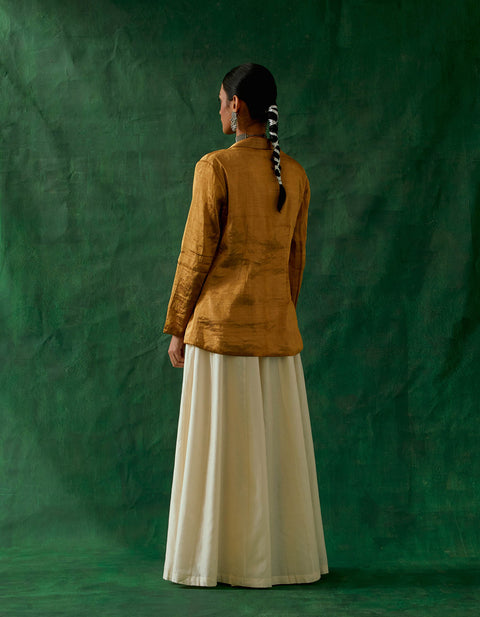 Handcraft Gold Zari Silk Jacket & Crop Top with Chanderi Handloom Flared Palazzo (Set of 3) | Vinusto
