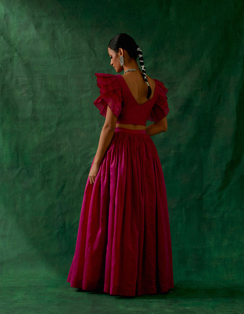Pure- Luxury Coordinate Set - Chanderi Handloom Skirt With Ruffle Top In Hot Pink (Set Of 2) - By Vinusto