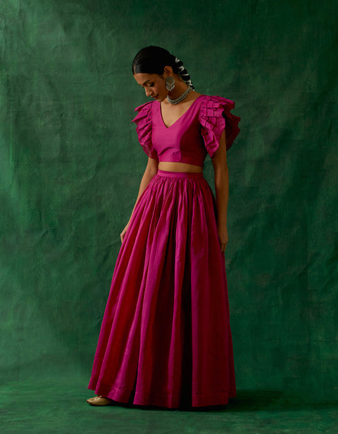 Buy Coordinate Set - Chanderi Handloom Skirt With Ruffle Top In Hot Pink (Set Of 2) - By Vinusto