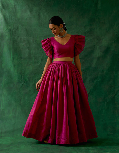Order Coordinate Set - Chanderi Handloom Skirt With Ruffle Top In Hot Pink (Set Of 2) - By Vinusto