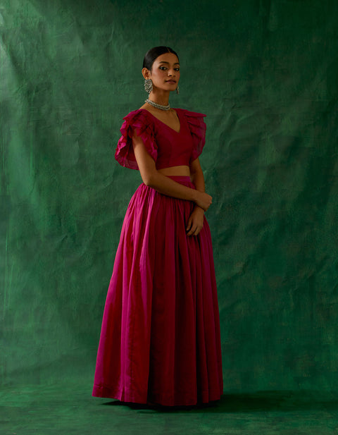 Shop Coordinate Set - Chanderi Handloom Skirt With Ruffle Top In Hot Pink (Set Of 2)at Best Price online - By Vinusto