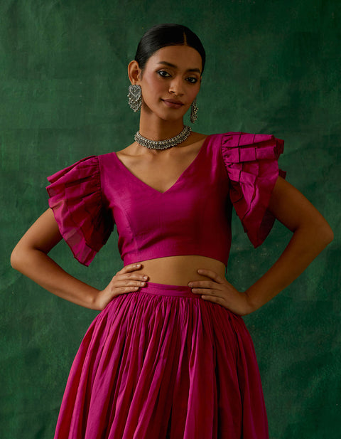 Chanderi Blouse with Ruffled Sleeves in Hot Pink