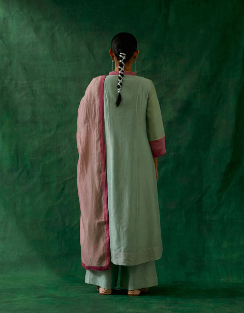 Handcrafted Chanderi Handloom High Low Kurta With Palazzo in Mint Green, Light Pink Chanderi Dupatta (Set of 3) -  By Vinusto 
