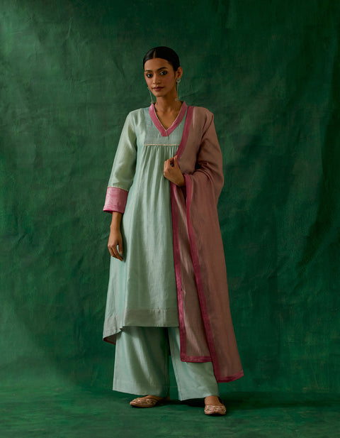Shop Chanderi Handloom High Low Kurta With Palazzo in Mint Green, Light Pink Chanderi Dupatta (Set of 3) -  By Vinusto 
