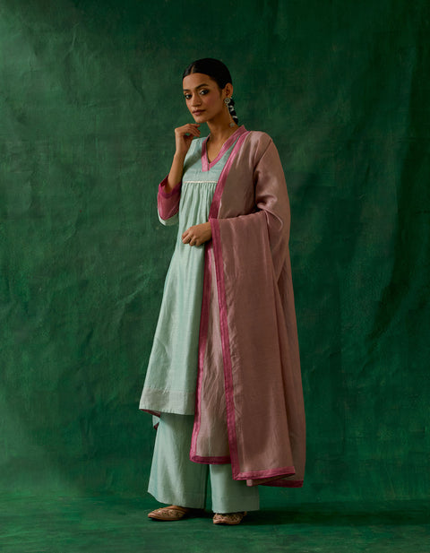 Order Chanderi Handloom High Low Kurta With Palazzo in Mint Green, Light Pink Chanderi Dupatta (Set of 3) -  By Vinusto 
