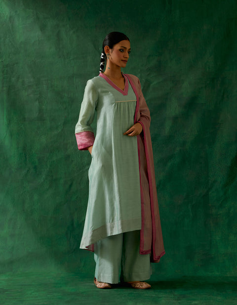 Buy Chanderi Handloom High Low Kurta With Palazzo in Mint Green, Light Pink Chanderi Dupatta (Set of 3) -  By Vinusto 
