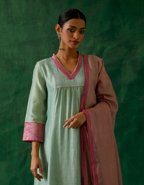 Designer Chanderi Handloom High Low Kurta With Palazzo in Mint Green, Light Pink Chanderi Dupatta (Set of 3) -  By Vinusto 
