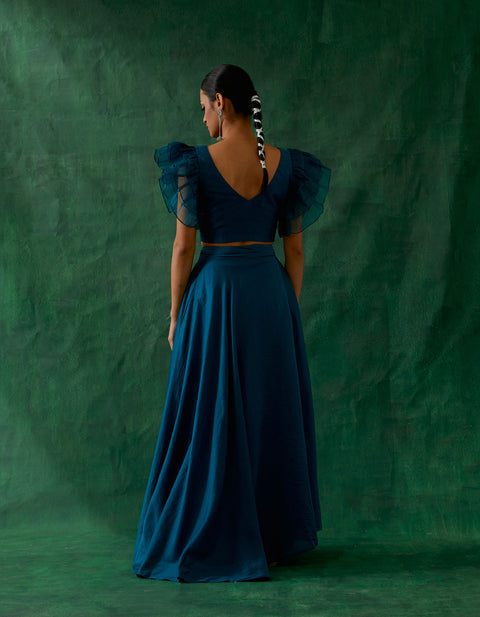 Pure- Luxury Coordinate Set - Chanderi Handloom Skirt With Ruffle Top In Teal Blue (Set Of 2) - By Vinusto