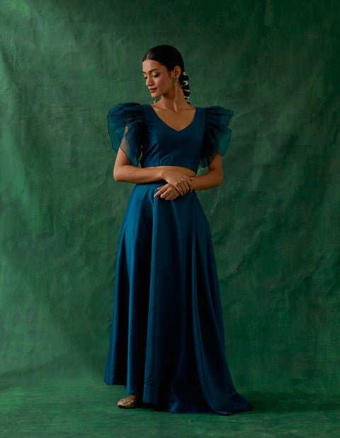 Designer Coordinate Set - Chanderi Handloom Skirt With Ruffle Top In Teal Blue (Set Of 2) - By Vinusto