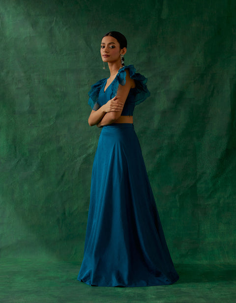 Buy Coordinate Set - Chanderi Handloom Skirt With Ruffle Top In Teal Blue (Set Of 2) - By Vinusto