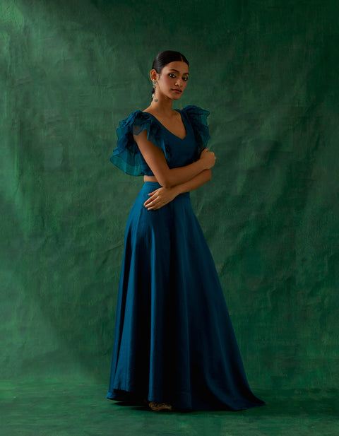 Shop Coordinate Set - Chanderi Handloom Skirt With Ruffle Top In Teal Blue (Set Of 2)at Best Price online - By Vinusto