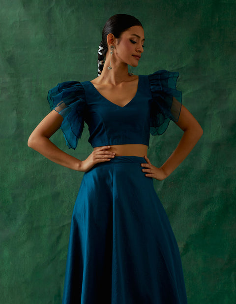 Order Coordinate Set - Chanderi Handloom Skirt With Ruffle Top In Teal Blue (Set Of 2) - By Vinusto