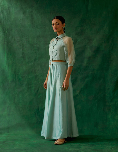 Buy Mint Green Zari Crop Top & Chanderi Flared Palazzo (Set of 2) | Vinusto
