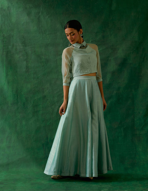 Shop Mint Green Zari Crop Top & Chanderi Flared Palazzo (Set of 2) | Vinusto