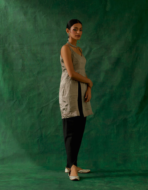 Order Front Slit Black Zari Silk Kurta, with Cotton Glaze Dhoti Salwar (Set of 2) - By Vinusto
